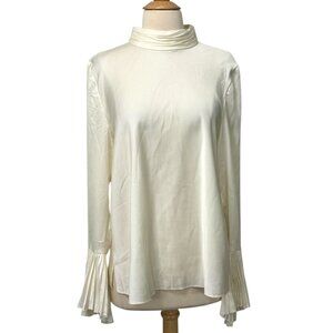 ME+EM Pleat Sleeve Blouse Ivory Satin Poly High Neck w/Pearl Buttons Size US 12